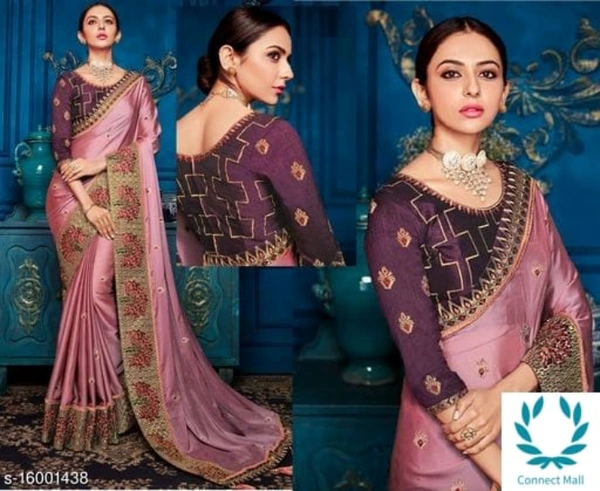 PINK SAREE WITH HEAVY EMBROIDERED BORDER WORK  - Saree Length Size 5.5m Blouse Length Size-0.8, Pink, Saree Fabric-Georgette Blouse Fabric-CottonSilk, Multipack Of:1